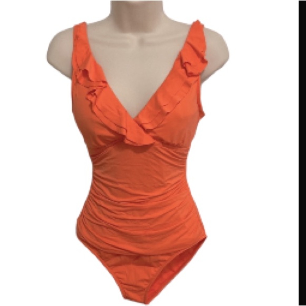 LAUREN RALPH LAUREN Orange Slimming Swimsuit  One Piece Ruffle Womens Size 6